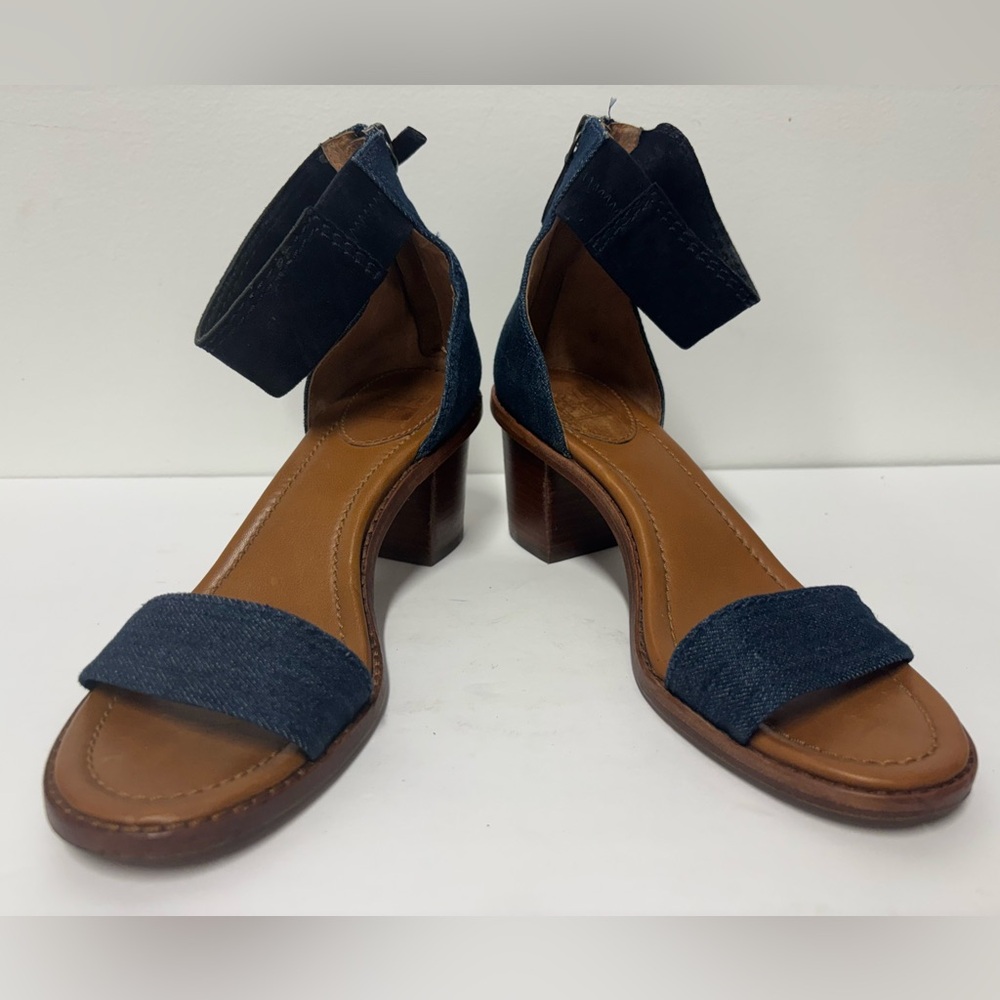 FRYE Brielle Denim Leather Zip Up Ankle Strap Block Heeled Sandal Women’s Size 7
